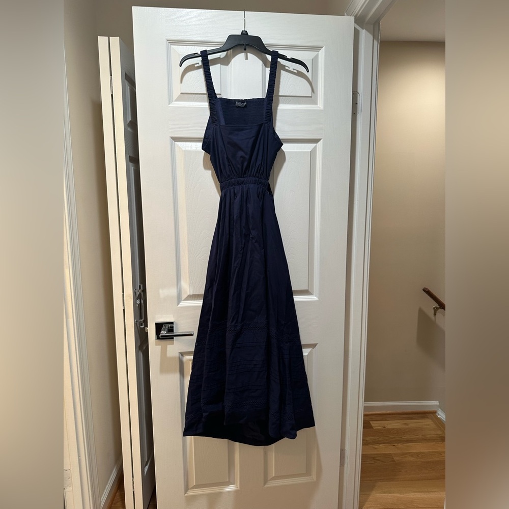Elegant Navy Blue open back, bow tie cotton woven midi Dress